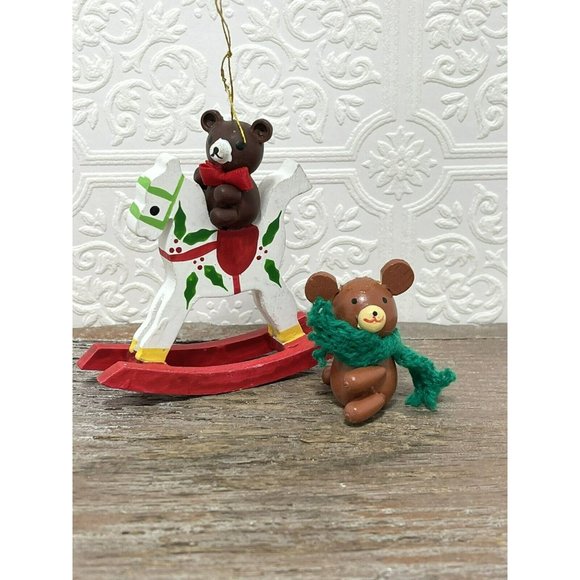 Set Of 2 Teddy Bear Ornaments - Brown Wooden Wood Miniature Ornament - Picture 6 of 10